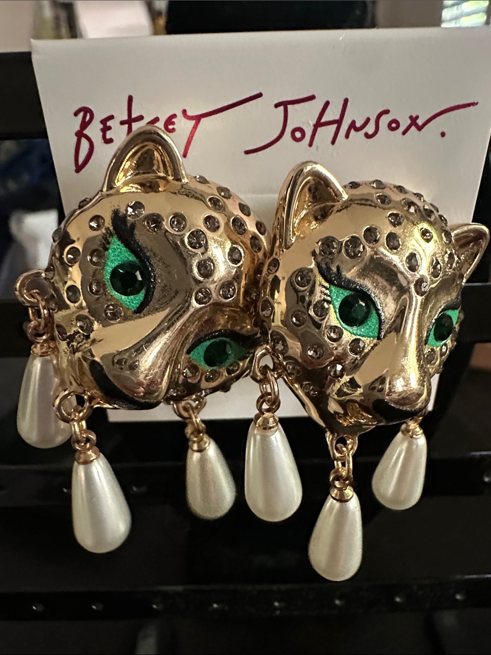 Betsey Johnson Gold Leopard Head Earrings with Green Eyes and Pearl Drops